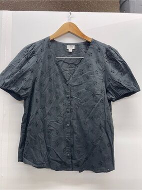 J.Crew Eyelet Button Front Puff Sleeve Top - Black